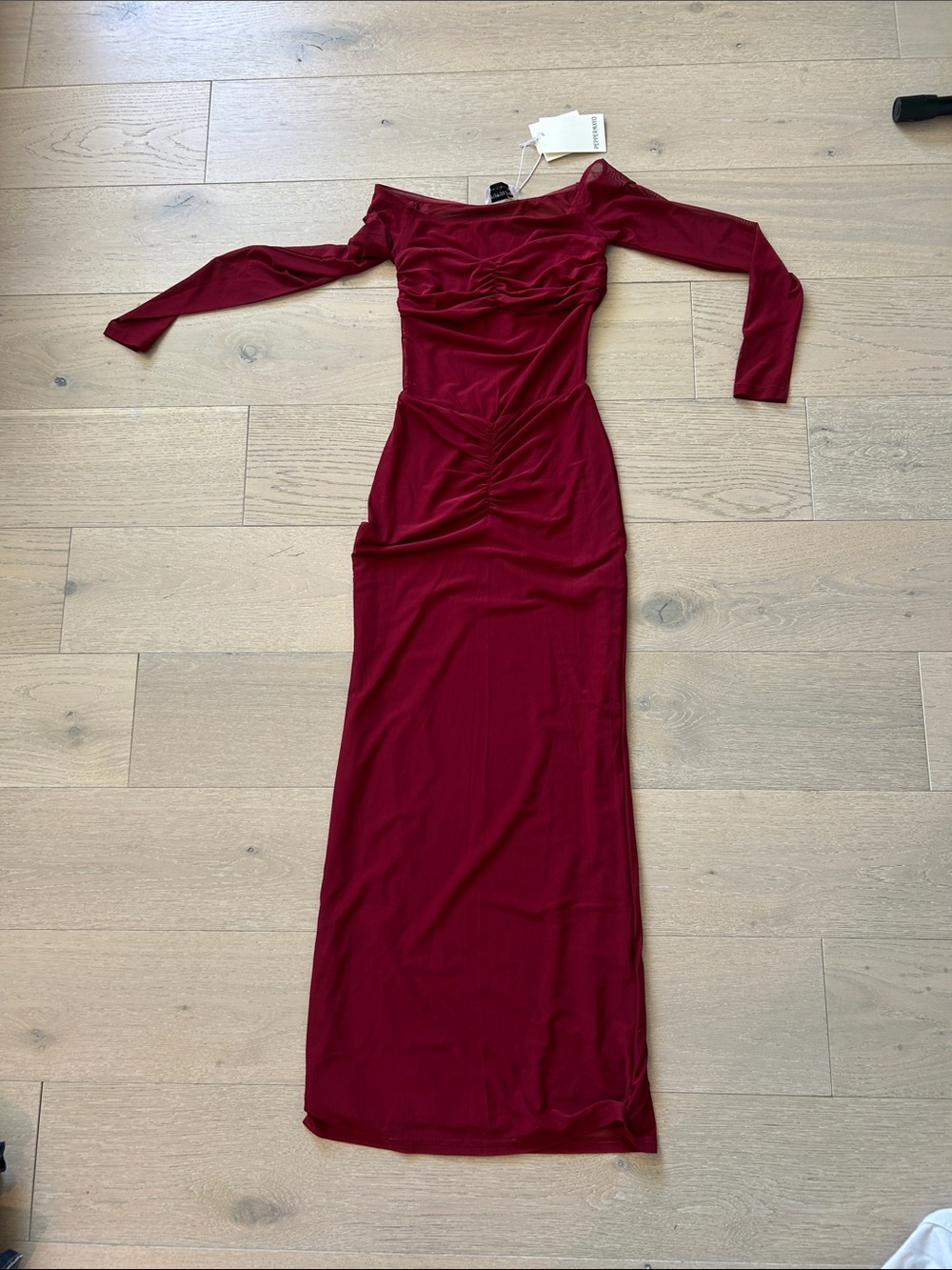 Peppermayo Burgundy Off-Shoulder Long Sleeve Maxi Dress